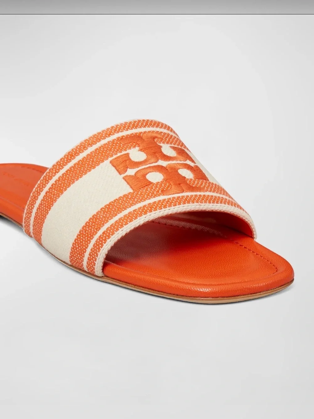 Tory Burch Orange & Cream Double T Jacquard Striped Logo Slide Sandals